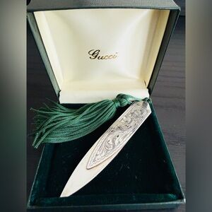 GUCCI Sterling Silver Engraved Bookmark with Green Silk Tassel
